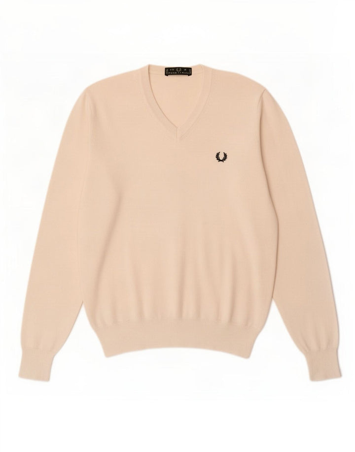 Maglione da uomo con scollo a V Fred Perry piccolo in cotone bianco sporco