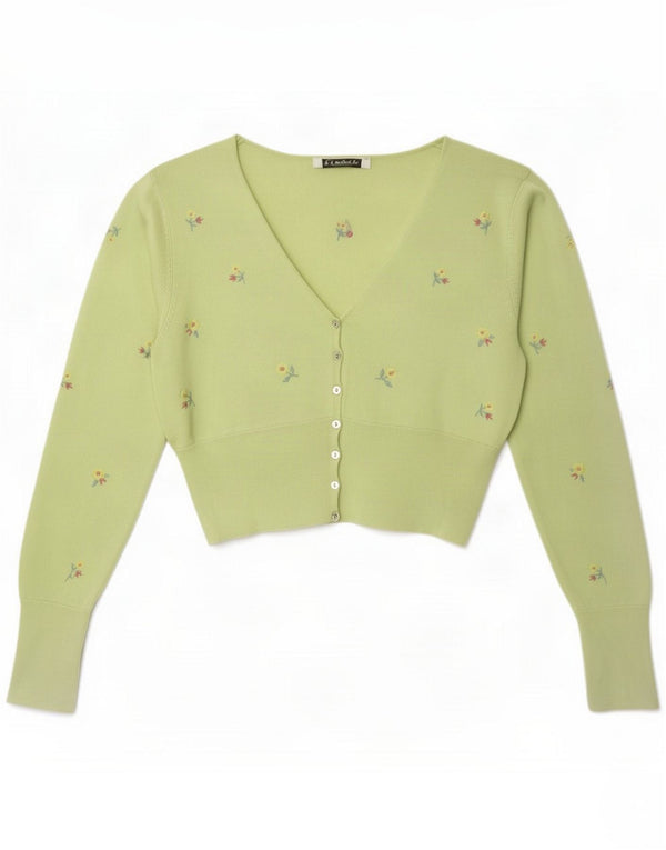 Zara maglione cardigan corto da donna UK 8 piccolo in viscosa floreale verde