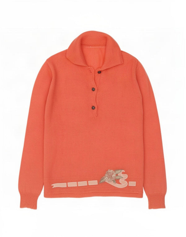 Maglione vintage da donna con collo a polo UK 16 grande motivo floreale rosa