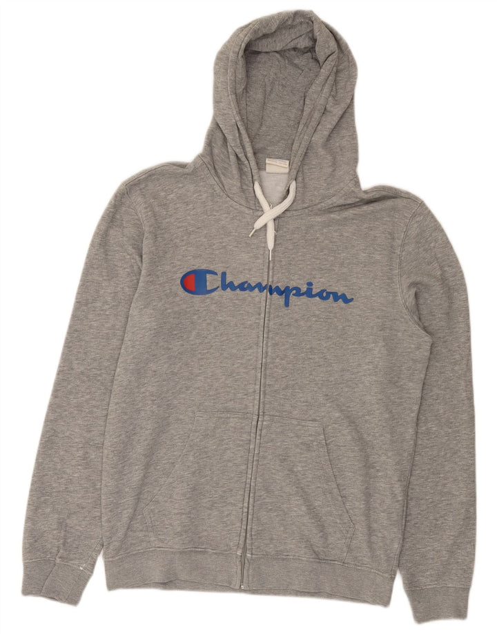 Maglione con cappuccio e zip grafica da uomo Champion in cotone grigio medio