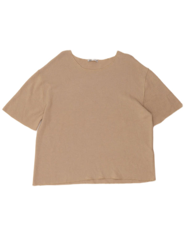 Maglione girocollo a maniche corte da donna Zara UK 16 Large Beige