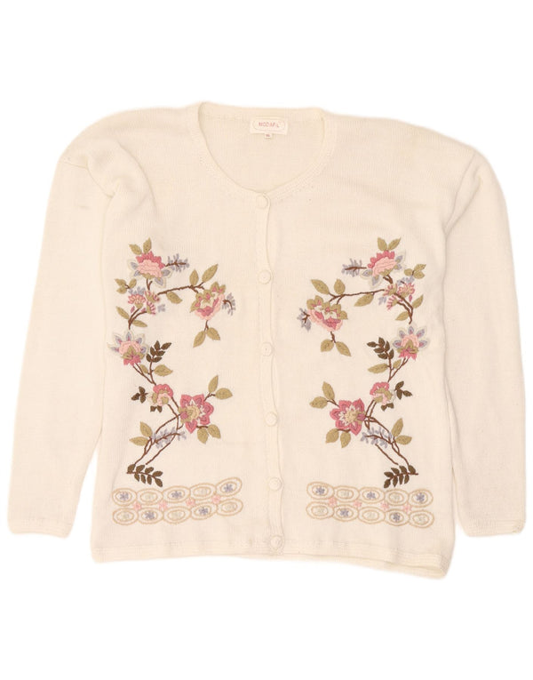 Maglione cardigan da donna vintage UK 18 XL poliestere floreale bianco