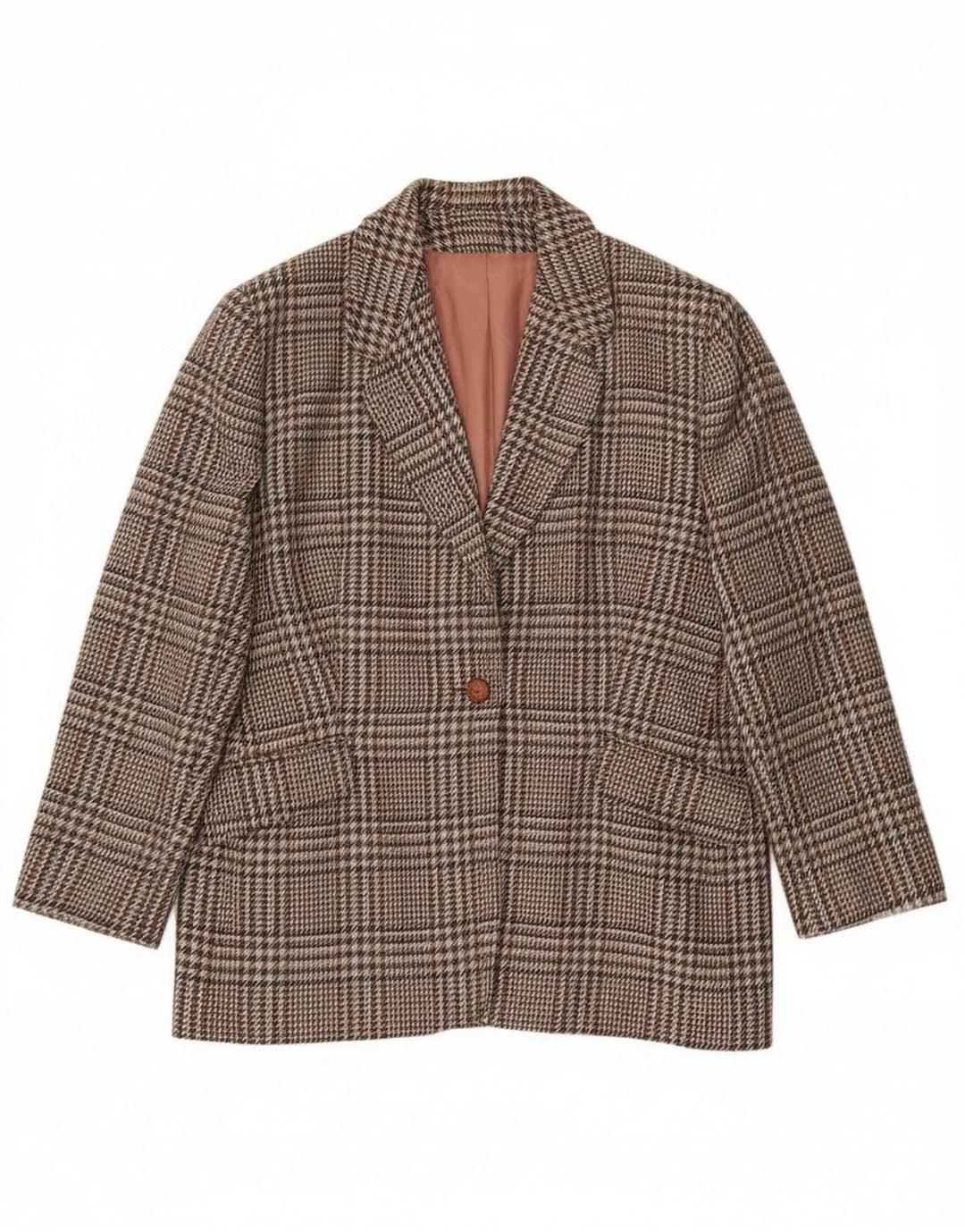 Giacca blazer vintage da donna a 1 bottone UK 20 2XL lana a quadri marrone