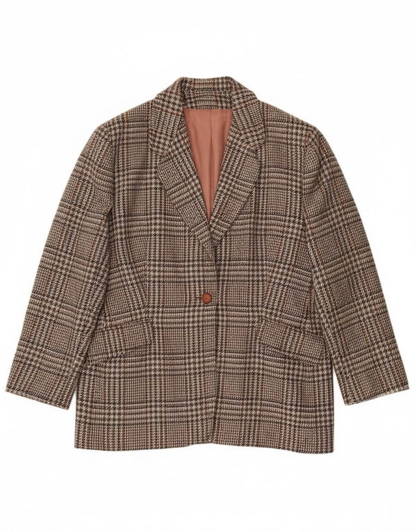 Giacca blazer vintage da donna a 1 bottone UK 20 2XL lana a quadri marrone