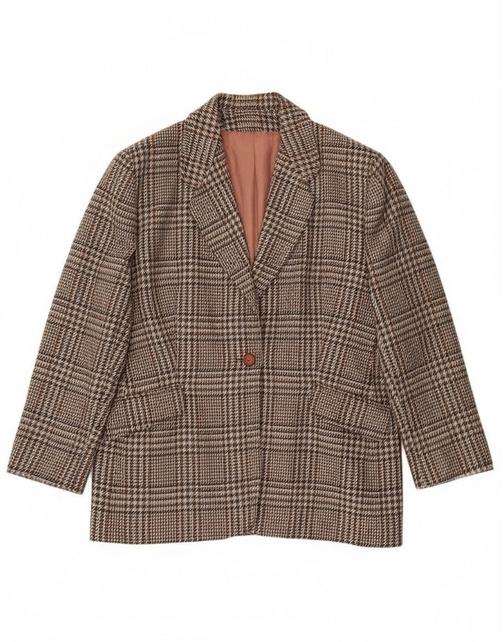 Giacca blazer vintage da donna a 1 bottone UK 20 2XL lana a quadri marrone