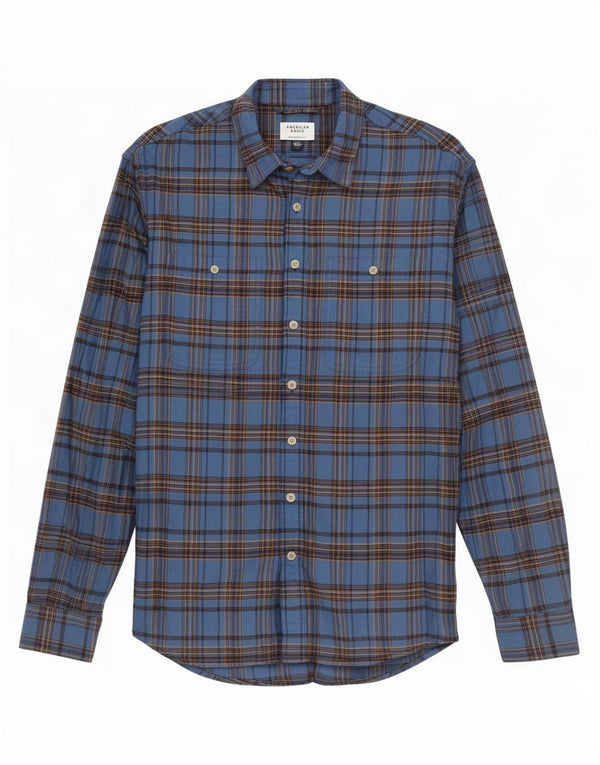 American Eagle Camicia da uomo in flanella dalla vestibilità rilassata, grande cotone scozzese blu