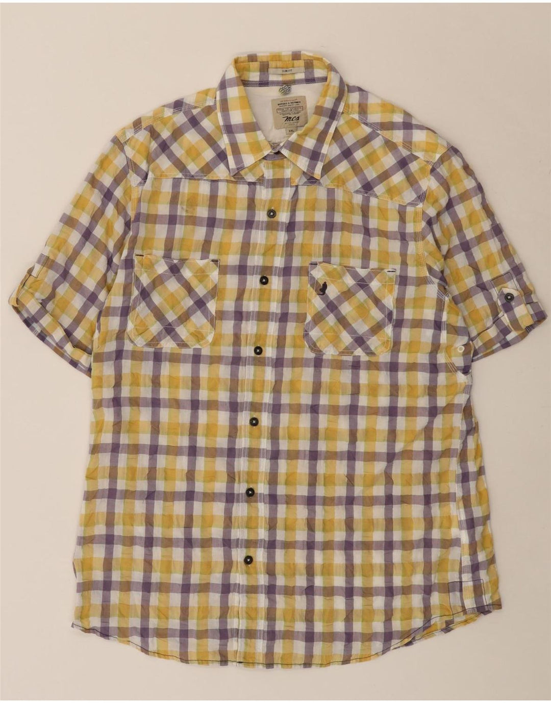 Camicia a maniche corte da uomo Marlboro Classics 2XL in cotone a quadretti giallo