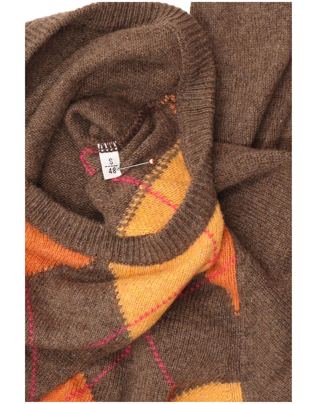 Maglione girocollo da uomo VINTAGE IT 48 piccolo marrone a rombi/diamante