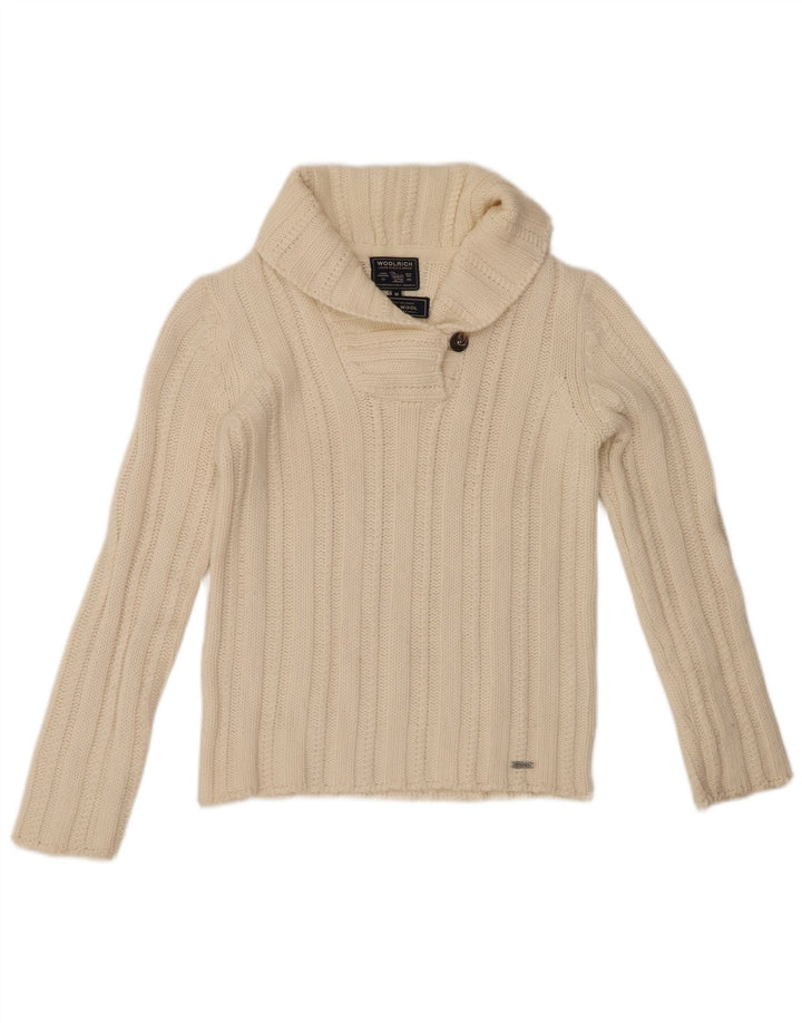 WOOLRICH Maglione da donna con collo a scialle UK 12 Medio Bianco