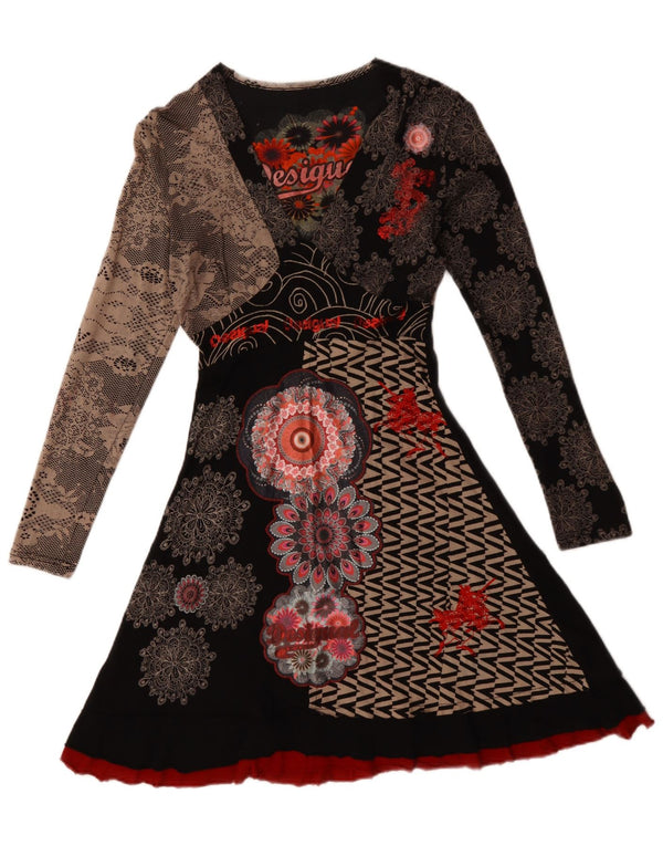 Desigual Abito da donna a maniche lunghe con grafica grafica UK 10 Piccolo floreale nero