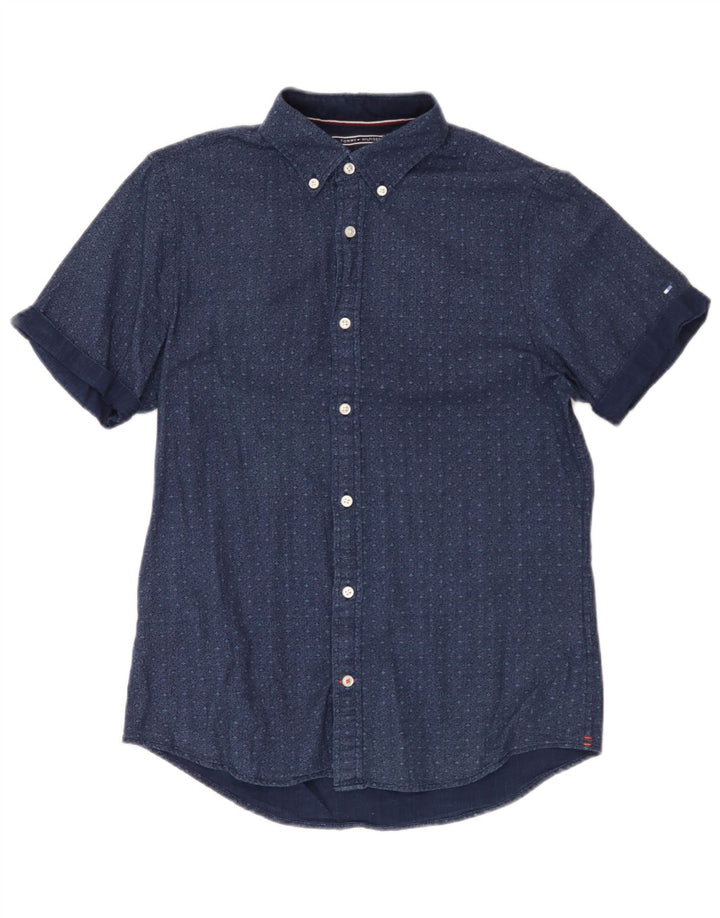 Camicia a maniche corte da uomo Tommy Hilfiger piccola in cotone maculato blu navy