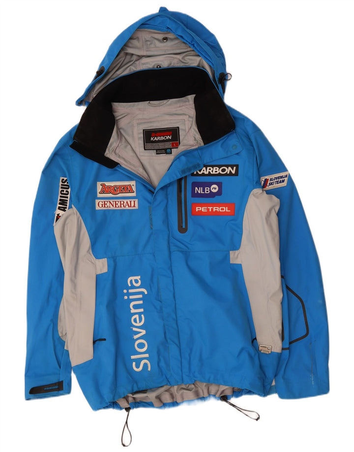 KARBON Giacca antipioggia da uomo con cappuccio grafico UK 40 Large Blu Colourblock Nylon