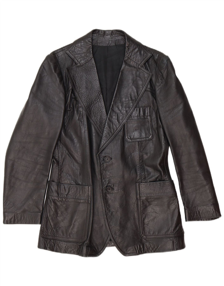 Giacca blazer in pelle vintage da uomo a 2 bottoni UK 40 grande nera