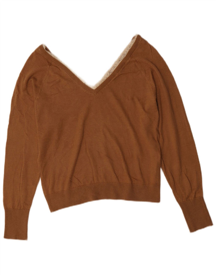 Maglione corto con scollo a V da donna Zara UK 12 Lyocell marrone medio