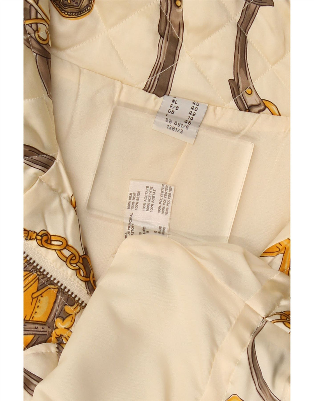 Gilet trapuntato da donna con motivo astratto VINTAGE UK 14 grande seta bianco sporco