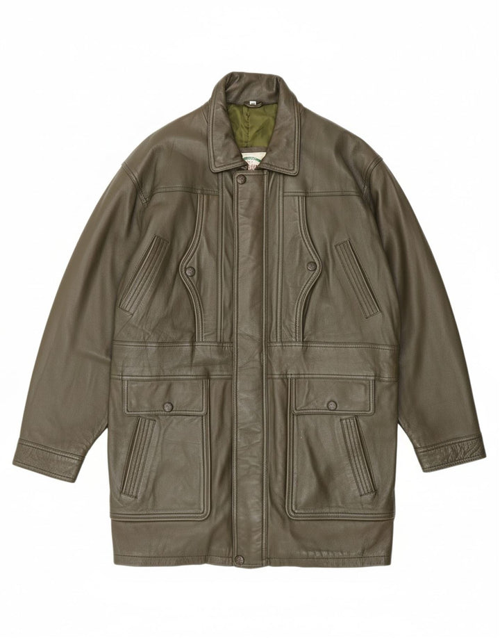 VINTAGE Mens Leather Coat UK 42 XL Khaki Leather