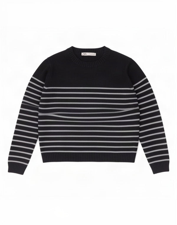 Maglione corto girocollo da donna Zara UK 14 medio a righe blu navy