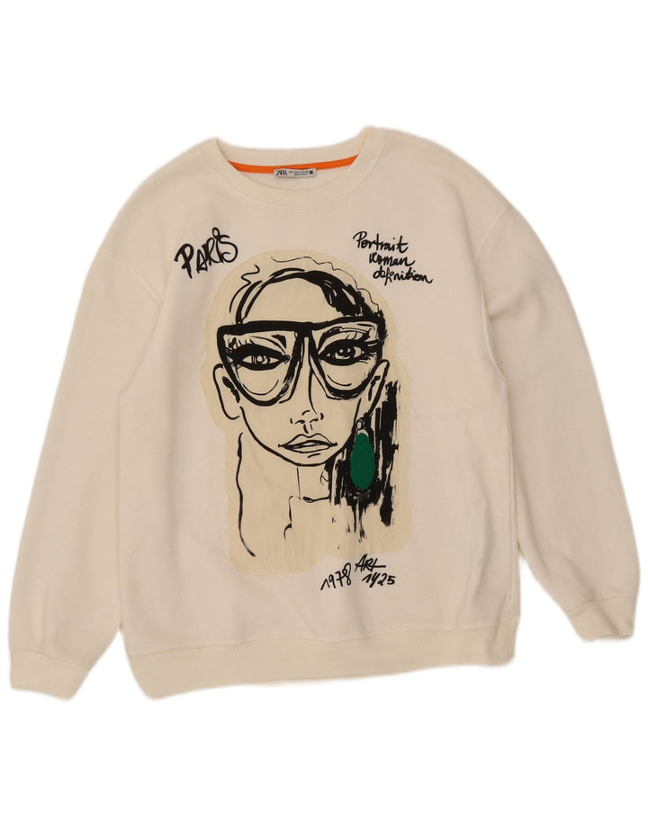 Felpa grafica da donna Zara UK 14 poliestere bianco medio