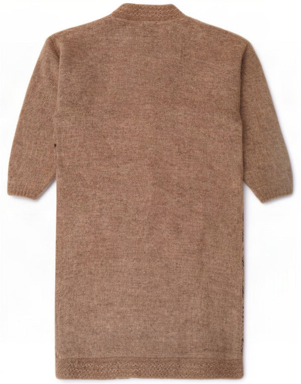 Maglione cardigan lungo da donna vintage UK 16 grande marrone geometrico