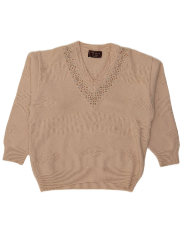Maglione da donna con scollo a V Malagrida UK 18 XL Beige geometrico