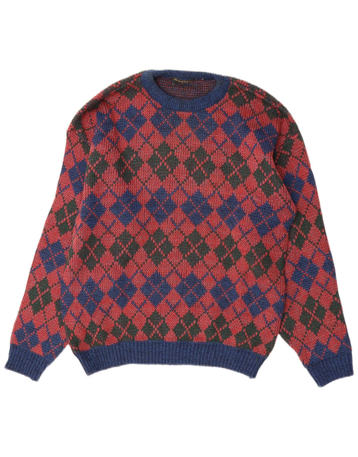 Maglione maglione girocollo da uomo vintage rosso medio a rombi/diamante