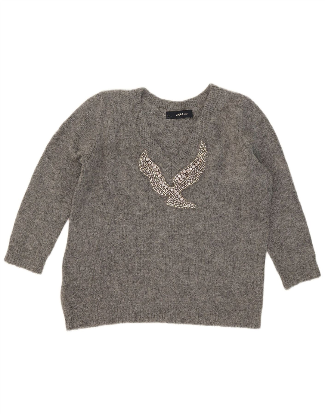 Maglione Zara da donna con scollo a V grafico UK 10 piccolo grigio