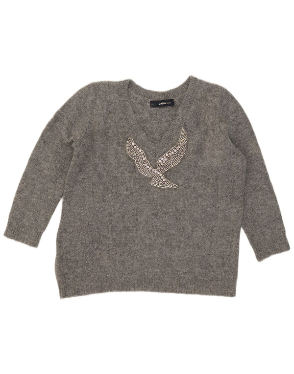 Maglione Zara da donna con scollo a V grafico UK 10 piccolo grigio