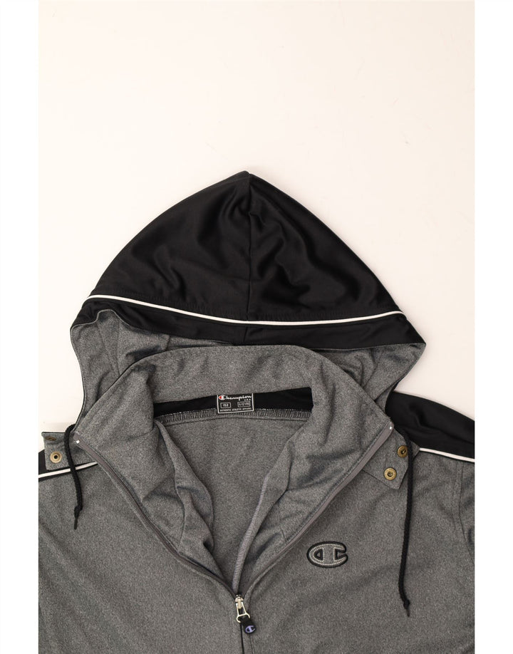 CHAMPION Boys Hooded Tracksuit Top Jacket 11-12 Years Grey Colourblock Vintage Champion and Second-Hand Champion from Messina Hembry 