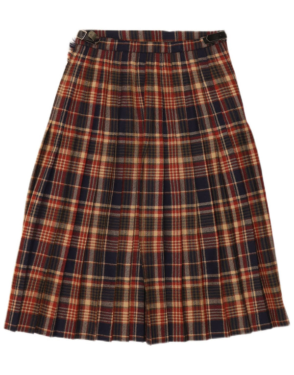 Gonna a portafoglio da donna vintage UK 12 media W27 lana vergine scozzese multicolore