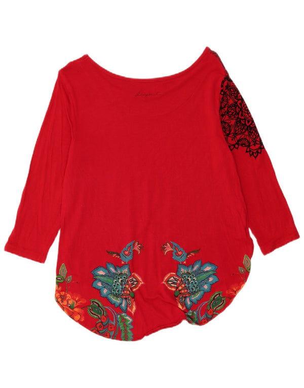 Desigual Donna Graphic Top Manica 3/4 UK 14 Grande Rosso Floreale