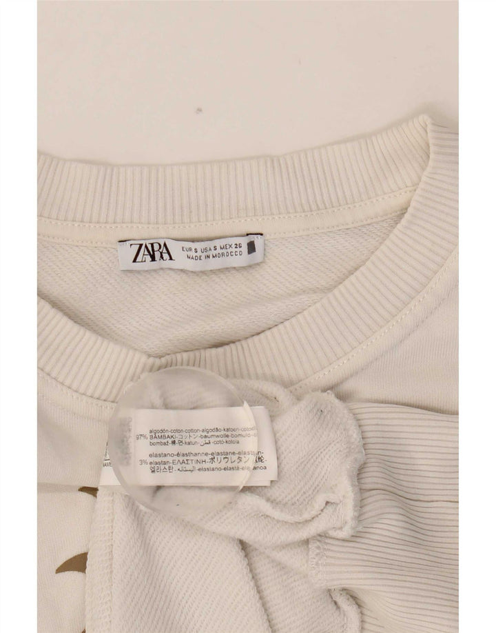 Felpa oversize con grafica da donna Zara, maglione UK 10, piccola, cotone bianco