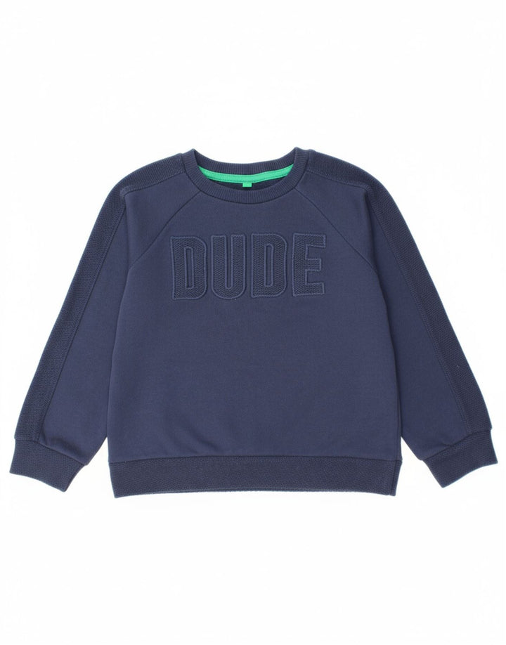 BENETTON Boys Graphic Sweatshirt Jumper 4-5 Years XS Navy Blue Polyester