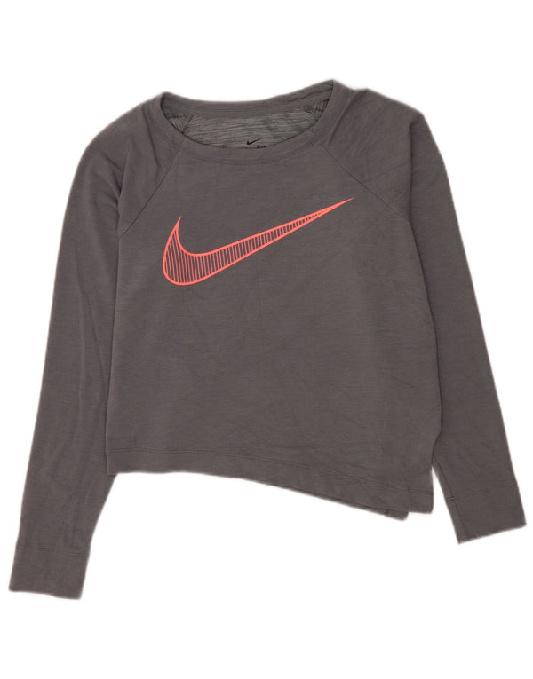 Nike - Top corto con grafica da donna, manica lunga, UK 8, piccolo, grigio, in viscosa, sportivo