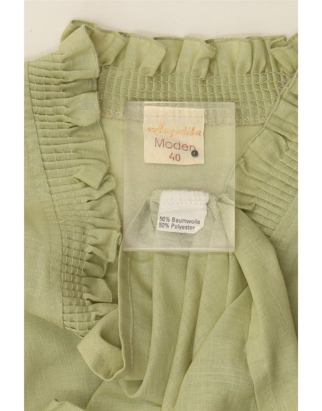 Camicetta vintage da donna con maniche a 3/4 con volant sul davanti EU 40 Cuore kaki medio