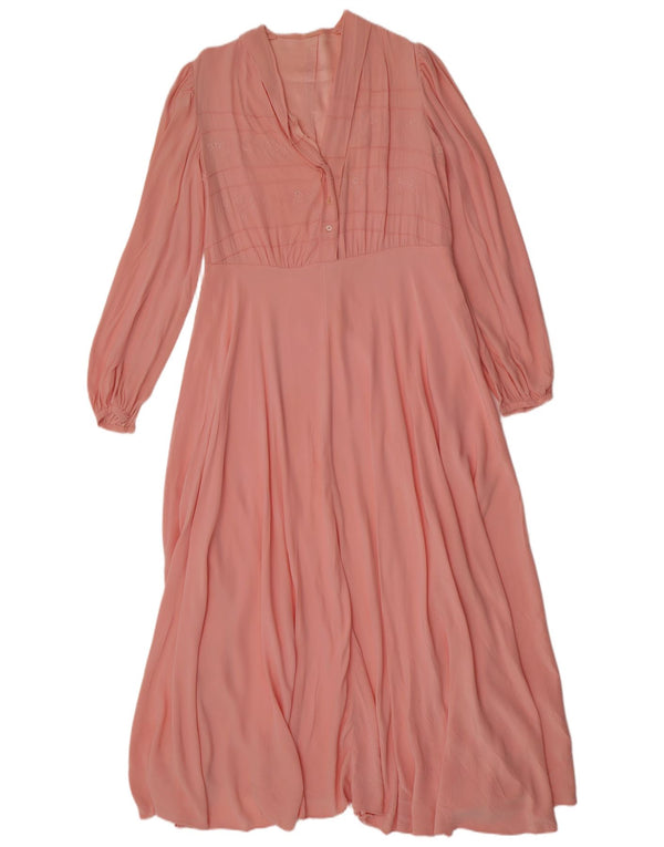 Abito da tè maxi a maniche lunghe da donna vintage UK 12 retrò floreale rosa medio