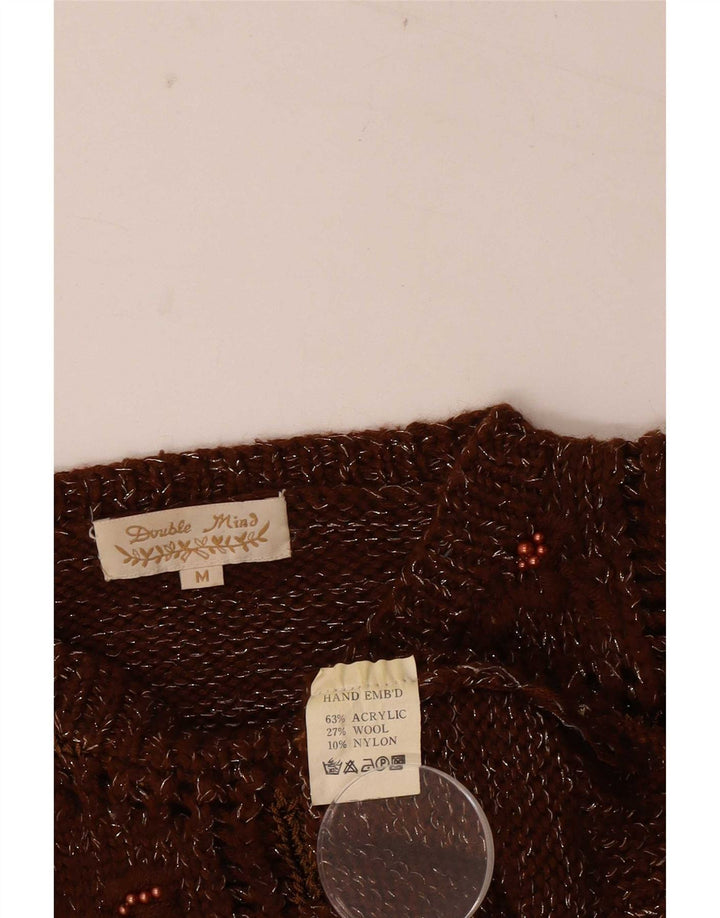 Maglione maglione girocollo da donna vintage UK 14 Patchwork marrone medio
