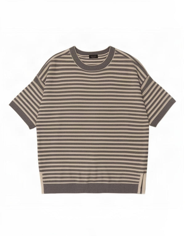 Zara Mens Short Sleeve Boat Neck Jumper Sweater XL Grey Striped Cotton