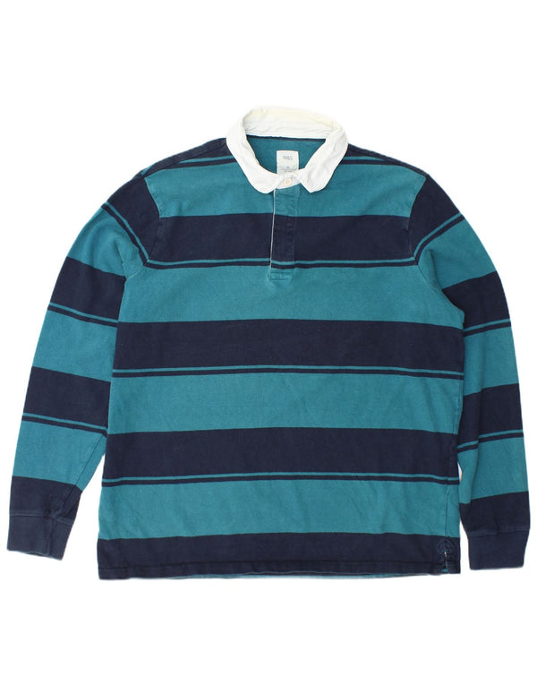 Marks & Spencer Mens Long Sleeve Rugby Polo Shirt XL Blue Striped Cotton