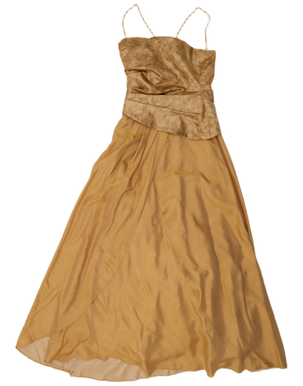 Yve London Abito lungo senza maniche da donna UK 8 Piccolo oro floreale