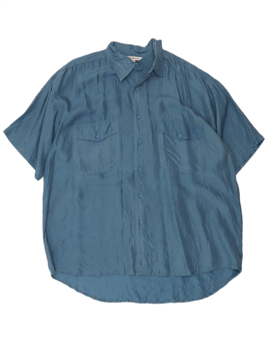 Camicia vintage da uomo a maniche corte grande in seta blu