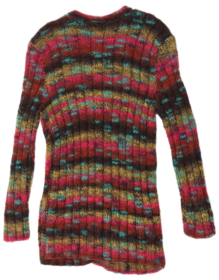 Maglione cardigan lungo da donna vintage UK 10 piccolo multicolore chiazzato