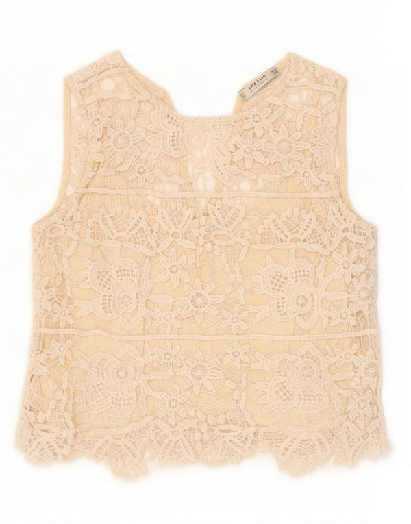 Top corto in camicetta di pizzo senza maniche da donna Zara UK 4 XS cotone floreale beige