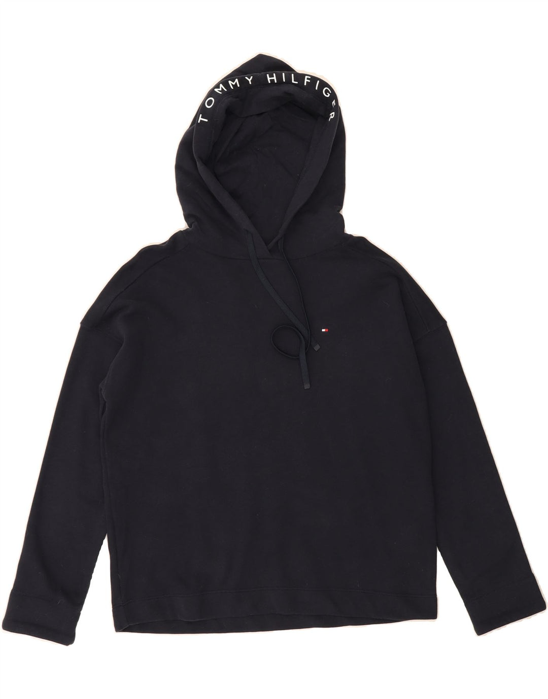 TOMMY HILFIGER Womens Oversized Hoodie Jumper UK 14 Medium Navy Blue Vintage Tommy Hilfiger and Second-Hand Tommy Hilfiger from Messina Hembry 
