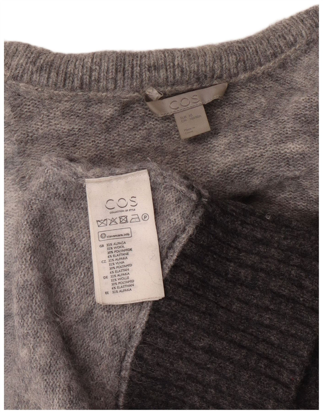Maglione maglione a collo alto da donna Cos UK 6 XS Lana di alpaca color block grigio