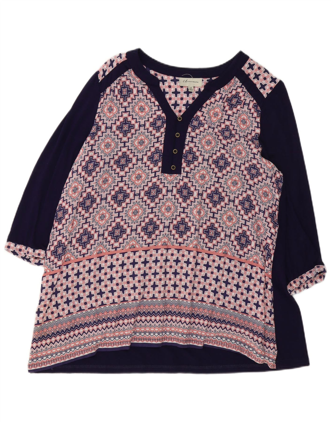 Top in camicetta con maniche a 3/4 da donna Marks & Spencer UK 14 grande blu geometrico