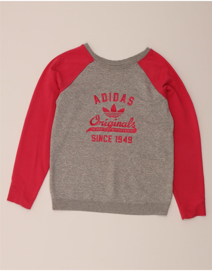 ADIDAS Womens Graphic Sweatshirt Jumper UK 12 Medium Grey Colourblock Vintage Adidas and Second-Hand Adidas from Messina Hembry 
