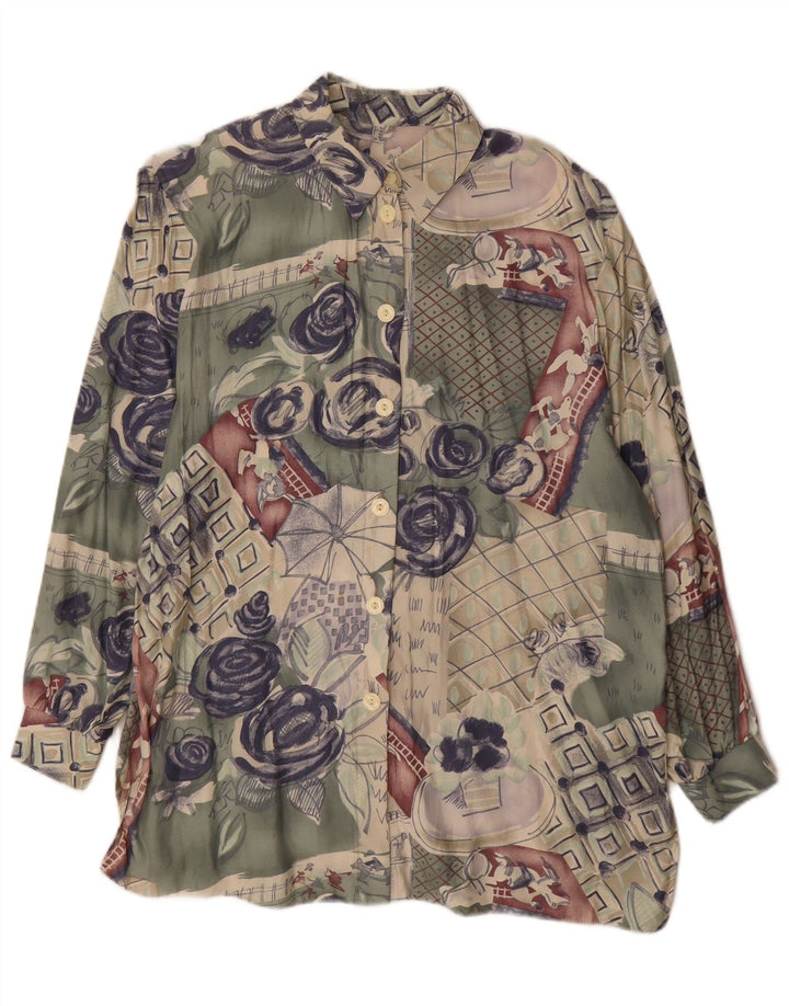 Camicetta a maniche lunghe con motivo astratto da donna vintage UK 18 XL Verde
