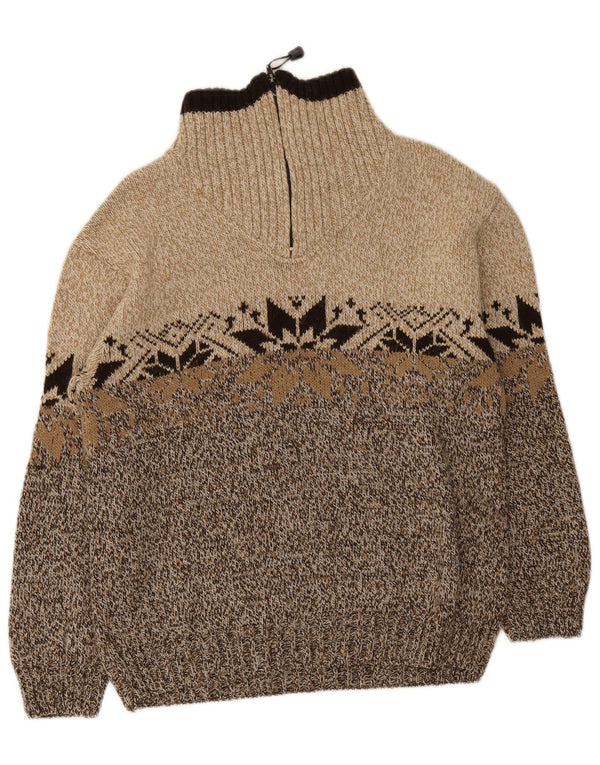 Maglione vintage da uomo con zip e collo in acrilico Fair Isle marrone medio