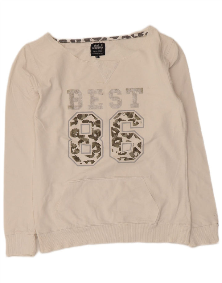 Felpa grafica da donna Best Company, maglione UK 12, cotone bianco medio
