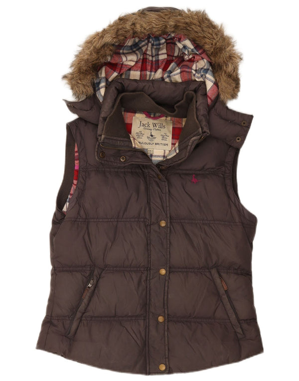 JACK WILLS Gilet imbottito con cappuccio da donna UK 12 Nylon marrone medio